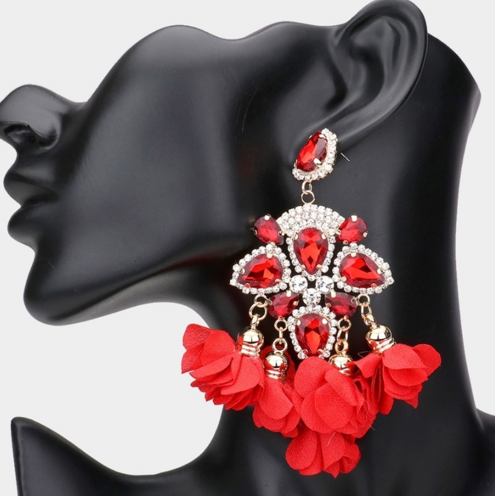 Red Flower Dangle Chandelier Earrings